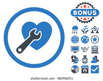 Heart Repair icon with bonus elements. Vector illustration style is flat iconic bicolor symbols, smooth blue colors, white background.