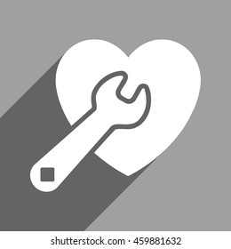 Heart Repair long shadow vector icon. Style is a flat heart repair white iconic symbol on a gray square background.