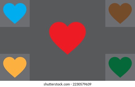 heart representing love in the middle of the gray background and colorful hearts in the corners of the canvas