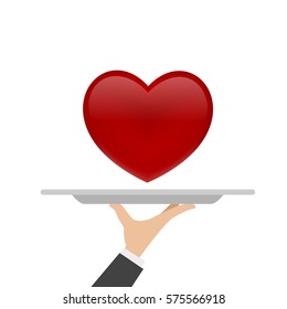 Heart In Restaurant Cloche. Love Concept. Vector Illustration