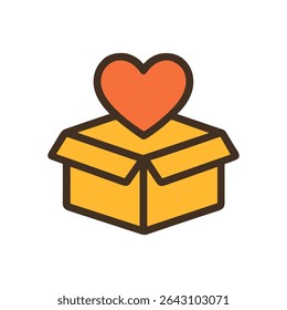 Heart rests atop open box. Icon symbol illustration