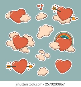 Heart in retro groovy style sticker set. Valentine's Day vintage heart, rainbow, clouds, arrows