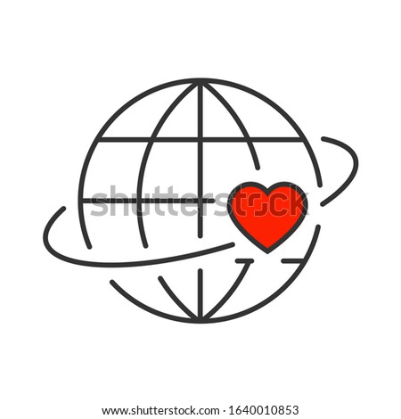 Heart revolves around the earth line icon