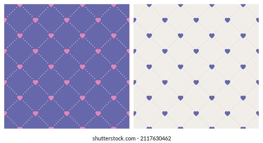 Heart and rhombus pattern seamless background. Color trendy 2022 very peri. Design texture elements for fabric, tile, banner, card, cover, poster, backdrop, wall. Vector illustration.