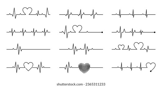 heart rhythm illustration with editable stroke, cardiogram line illustration