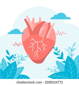 Heart rhythm and pulse cardiogram. Cardiologist and heart health doctor as organ specialist tiny person concept. Healthcare and medical concept. Hand draw style. Vector illustration.