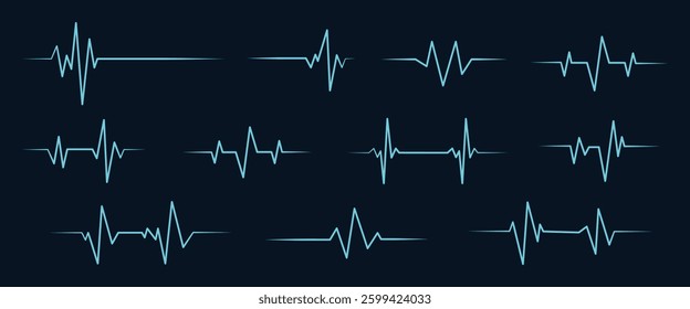 Heart rhythm set, Electrocardiogram, ECG - EKG signal, Heart Beat pulse line concept design isolated on black background