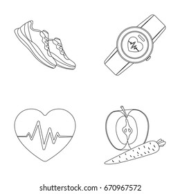 Heart rhythm, vitamins and other equipment for training.Gym and workout set collection icons in outline style vector symbol stock illustration web.