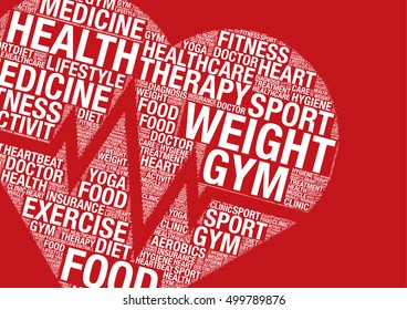 Heart rhytm cardiogram, vector word cloud concept illustration