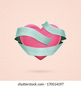 heart with ribbon around on a background of small hearts and shadow below