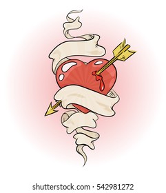 heart with ribbon around it and pierced by an arrow, tattoo styled colored vector illustration