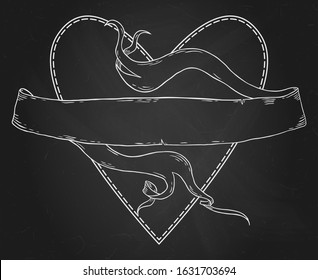 Heart with ribbon banner frame in black and white. Valentine's day chalk drawn background. Romantic vector blackboard border.