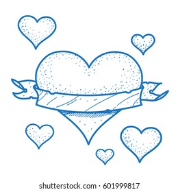Heart with ribbon banner logo sketch. Element for infographics in the hand drawing style.