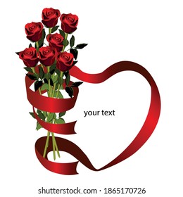 heart ribbon and bouquet of red roses vector frame with your text for Valentine's day, birthday, holiday