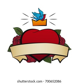 Heart with ribbon, crown, roses and flying swallow in vintage retro style. Design for old school tattoo, background hipster print, cover, poster. Cartoon vector illustration.