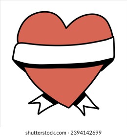 Heart with ribbon, doodle vector illustration.