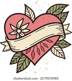 A heart with a ribbon and a flower on it