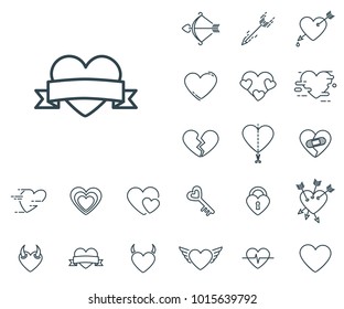 Heart with ribbon icon in set on the white background. Set of thin, linear and modern hearts icons. Universal linear icons to use in web and mobile app.