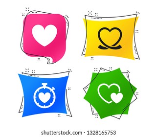 Heart ribbon icon. Timer stopwatch symbol. Love and Heartbeat palpitation signs. Geometric colorful tags. Banners with flat icons. Trendy design. Vector