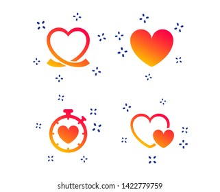 Heart ribbon icon. Timer stopwatch symbol. Love and Heartbeat palpitation signs. Random dynamic shapes. Gradient love icon. Vector