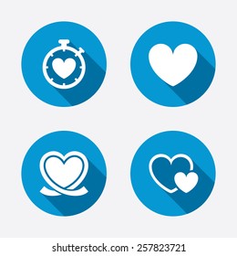 Heart ribbon icon. Timer stopwatch symbol. Love and Heartbeat palpitation signs. Circle concept web buttons. Vector