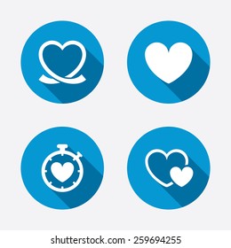Heart ribbon icon. Timer stopwatch symbol. Love and Heartbeat palpitation signs. Circle concept web buttons. Vector