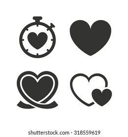 Heart ribbon icon. Timer stopwatch symbol. Love and Heartbeat palpitation signs. Flat icons on white. Vector