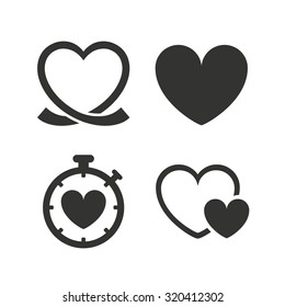 Heart ribbon icon. Timer stopwatch symbol. Love and Heartbeat palpitation signs. Flat icons on white. Vector