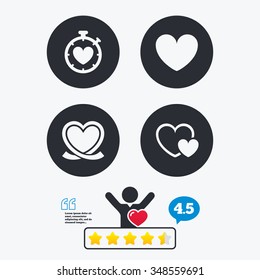 Heart ribbon icon. Timer stopwatch symbol. Love and Heartbeat palpitation signs. Star vote ranking. Client like and think bubble. Quotes with message.