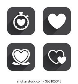 Heart ribbon icon. Timer stopwatch symbol. Love and Heartbeat palpitation signs. Square flat buttons with long shadow.
