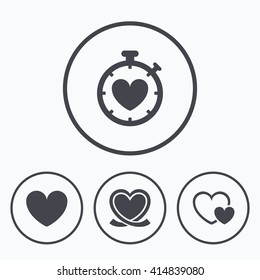 Heart ribbon icon. Timer stopwatch symbol. Love and Heartbeat palpitation signs. Icons in circles.