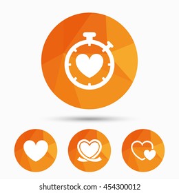 Heart ribbon icon. Timer stopwatch symbol. Love and Heartbeat palpitation signs. Triangular low poly buttons with shadow. Vector