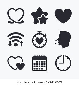 Heart ribbon icon. Timer stopwatch symbol. Love and Heartbeat palpitation signs. Wifi internet, favorite stars, calendar and clock. Talking head. Vector
