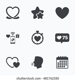 Heart ribbon icon. Timer stopwatch symbol. Love and Heartbeat palpitation signs. Flat talking head, calendar icons. Stars, like counter icons. Vector