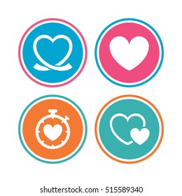 Heart ribbon icon. Timer stopwatch symbol. Love and Heartbeat palpitation signs. Colored circle buttons. Vector