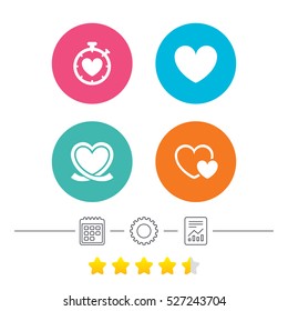 Heart ribbon icon. Timer stopwatch symbol. Love and Heartbeat palpitation signs. Calendar, cogwheel and report linear icons. Star vote ranking. Vector