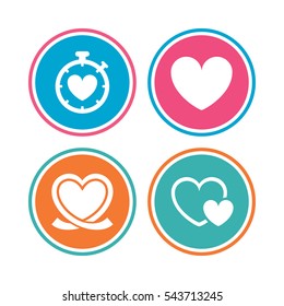 Heart ribbon icon. Timer stopwatch symbol. Love and Heartbeat palpitation signs. Colored circle buttons. Vector