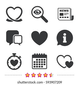 Heart ribbon icon. Timer stopwatch symbol. Love and Heartbeat palpitation signs. Newspaper, information and calendar icons. Investigate magnifier, chat symbol. Vector