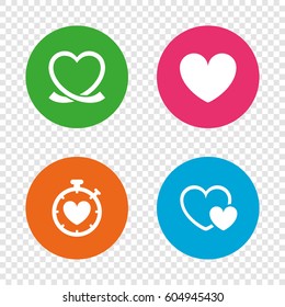 Heart ribbon icon. Timer stopwatch symbol. Love and Heartbeat palpitation signs. Round buttons on transparent background. Vector