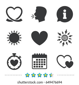 Heart ribbon icon. Timer stopwatch symbol. Love and Heartbeat palpitation signs. Information, go to web and calendar icons. Sun and loud speak symbol. Vector