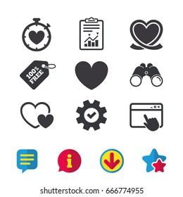 Heart ribbon icon. Timer stopwatch symbol. Love and Heartbeat palpitation signs. Browser window, Report and Service signs. Binoculars, Information and Download icons. Stars and Chat. Vector