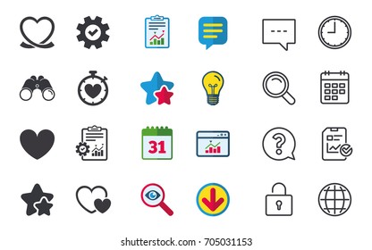Heart ribbon icon. Timer stopwatch symbol. Love and Heartbeat palpitation signs. Chat, Report and Calendar signs. Stars, Statistics and Download icons. Question, Clock and Globe. Vector
