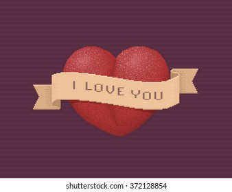 Heart and Ribbon with the Inscription "I Love You" - Vector Illustration in Pixel Art Classical Technique