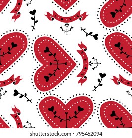 Heart with ribbon and inscription love seamless pattern. Valentines day card. For invitations, postcards and posters.