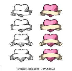 Heart with ribbon isolated on white background. Vector black and color vintage engraving illustration for poster. Hand drawn in a graphic style.