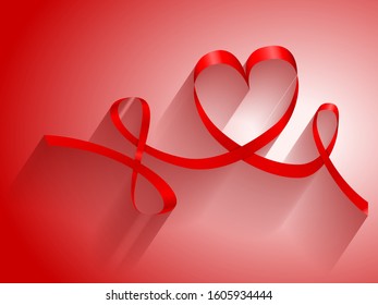 Heart ribbon on red background. Vector illustration.