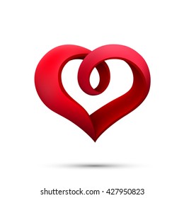 Heart Ribbon Sign 3d Logo, Heart Knot Red Icon, Vector Illustration