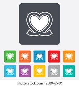 Heart ribbon sign icon. Love symbol. Rounded squares 11 buttons. Vector
