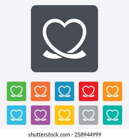 Heart ribbon sign icon. Love symbol. Rounded squares 11 buttons. Vector