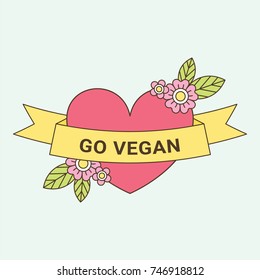 Heart with Ribbon with the text "Go Vegan" and Flowers Old School Tatoo Style Vector Isolated Element